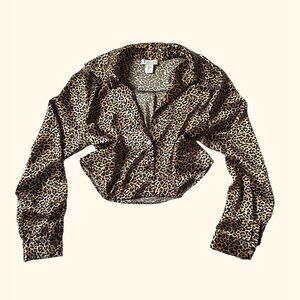 RACHEL ZOE cropped long sleeve leopard print top with collar